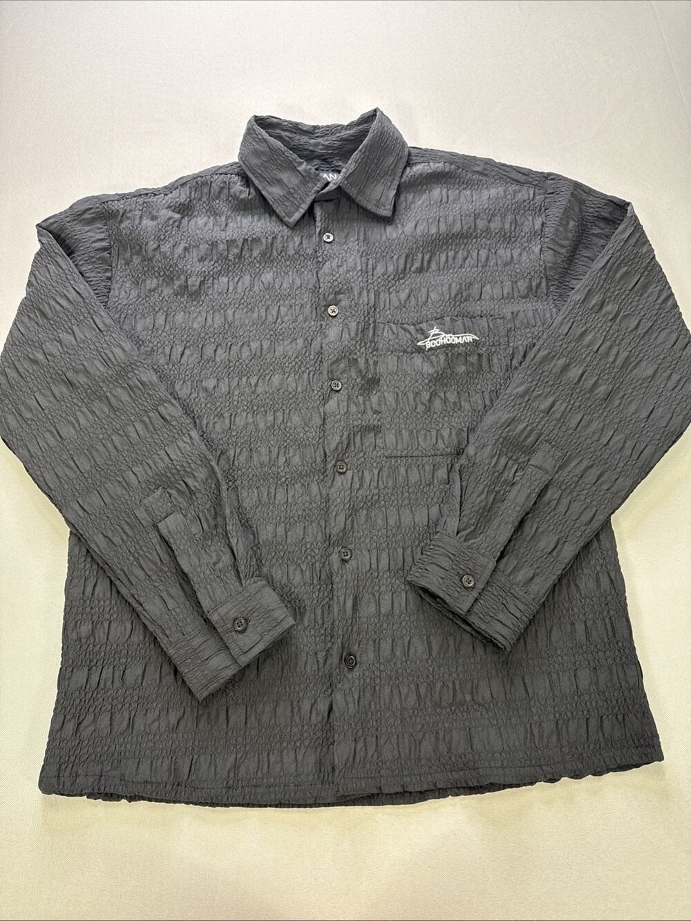 BoohooMAN Textured Shirt Mens XS Black Button Front Long Sleeve Pocket Logo